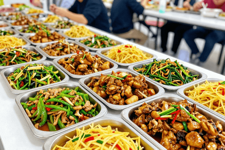 中式料理素材：食堂美食俯拍：中式菜肴诱人呈现