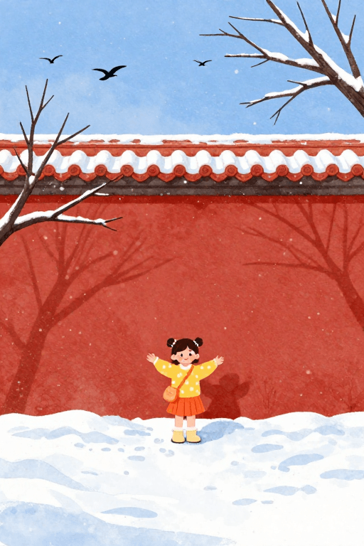 雪花飘落素材：冬日童话：雪景插画中的快乐时光