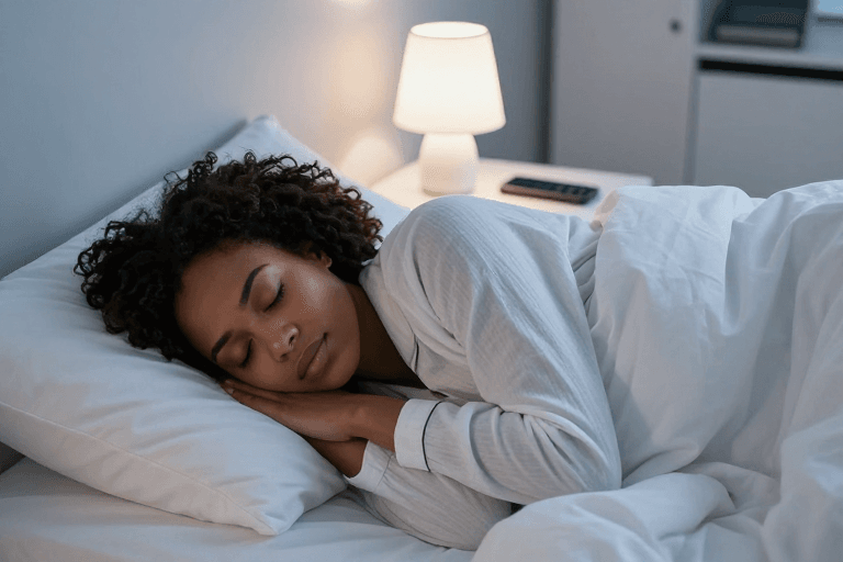 高清人像素材：静谧安眠之夜：女性舒适睡眠的温馨瞬间